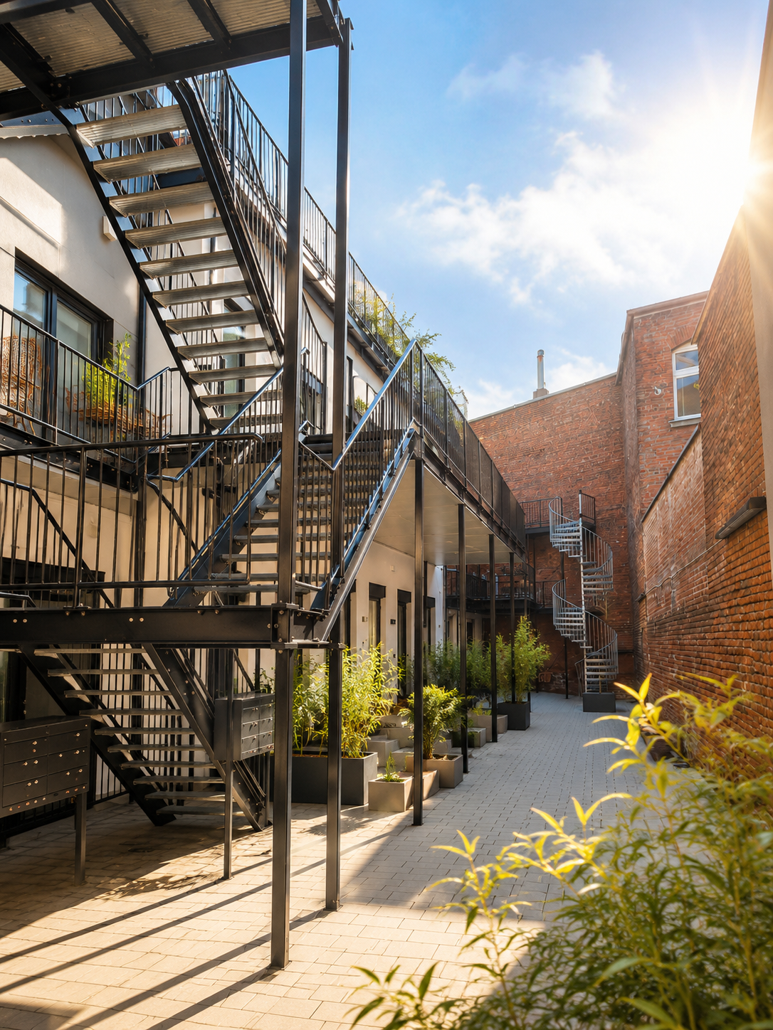 Sunny courtyard of BHH Living apartments in Dusseldorf-Friedrichstadt